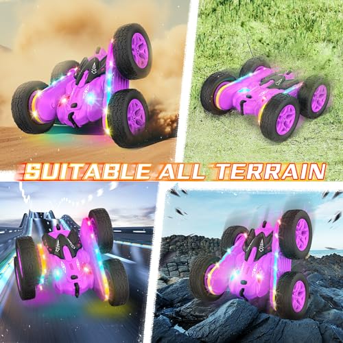 Terucle Remote Control Car, Rc Cars Stunt RC Car Toys New Upgraded Strip Lights and Headlights Girl Toys Double-Sided 360° Rotating 4WD Drift Truck for Boys Girls Birthday Gift (Purple) - color: Purple