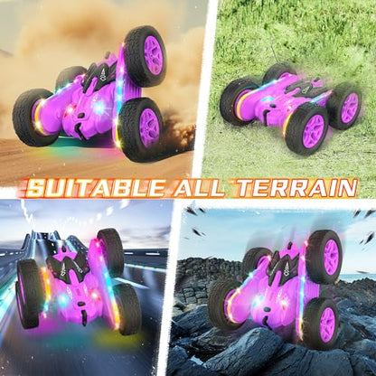 Terucle Remote Control Car, Rc Cars Stunt RC Car Toys New Upgraded Strip Lights and Headlights Girl Toys Double-Sided 360° Rotating 4WD Drift Truck for Boys Girls Birthday Gift (Purple) - color: Purple