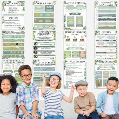 QOUBAI 12pcs Reading Comprehension Posters Eucalyptus Classroom Decor - color: Eucalyptus