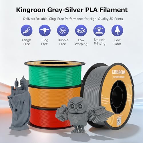 Kingroon Silver Grey Pla Filament 1.75mm ±0.02mm 2.2lbs,No Clogging Tangle-Free Vacuum Sealed,3D Printing Filament Low Warping Easy to Print for FDM 3D Printers - color: 1kg Grey Slive