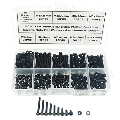 340PCS M3 Black Nylon Phillips Pan Head Screws Nuts Washers Kit - size: M3