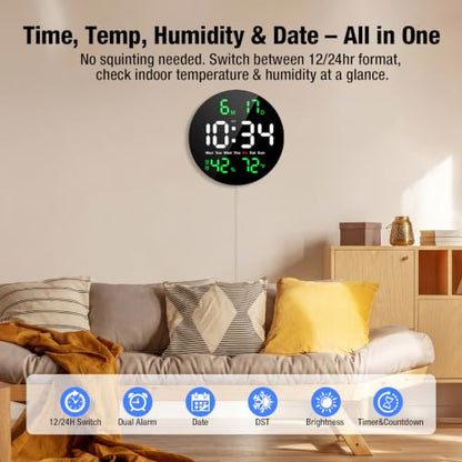 10 Inch Large Digital Wall Clock, LED Round Electric Clocks with Dual Timers (Count Up/Down), 12/24hr Mode, Date, Temperature, Remote Control for Classroom, Home Office, Bedroom (Green) - color: Green