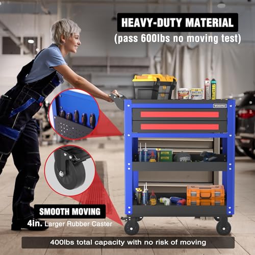WORKPRO Premium 28" 2-Drawer Rolling Tool Cart, Heavy Duty Utility Industrial Service Cart Storage Organizer with Wheels and Locking System, for Mechanic, Warehouse, Garage, Workshop, 400 lbs Load