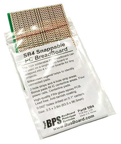 SB4 Snappable PC BreadBoard, Scored PCB, Snaps Into 4 Small Boards, 2-Layer, Plated Holes, Power Rails, 2.5 x 3.8in (63.5 x 96.5mm)