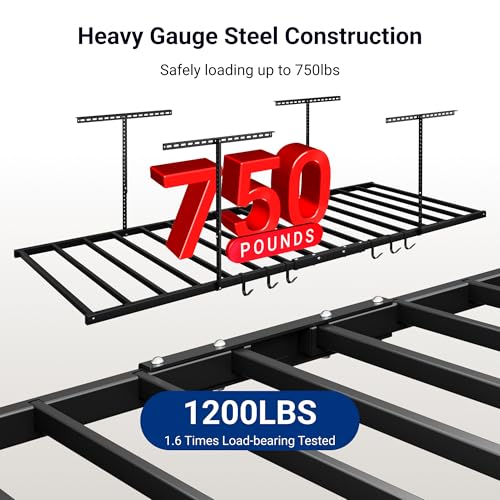 FLEXIMOUNTS 4x8 Overhead Garage Ceiling Storage Rack with 6 Hooks, Black - color: Black