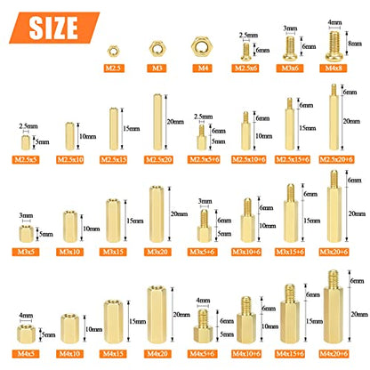 HELIFOUNER 422 Pieces M2.5 M3 M4 Male Female Hex Brass Spacers Standoffs Screws Nuts Assortment Kit, Threaded Pillar for Printed Circuit Board Motherboard - size: M2.5 M3 M4 Brass Standoff Set