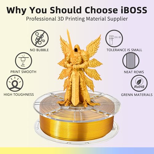 iBOSS PLA Plus (PLA+) 3D Printer Filament 1.75mm+/- 0.02mm,1kg (2.2lbs) Silk Shiny Filament 3D Printing Filament,Smooth Silky Surface,Shiny Gold PLA Pro 3D Filament,Fit Most FDM Printer (Slik Gold) - color: A_ Silk Gold