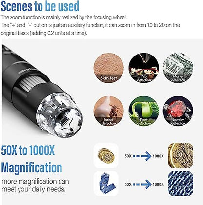 Wireless Digital Microscope, Skybasic 50X-1000X Magnification WiFi Portable Handheld Microscopes with Adjustable Stand HD USB Microscope Camera Compatible with iPhone Android iPad Windows Mac Computer - color: Black