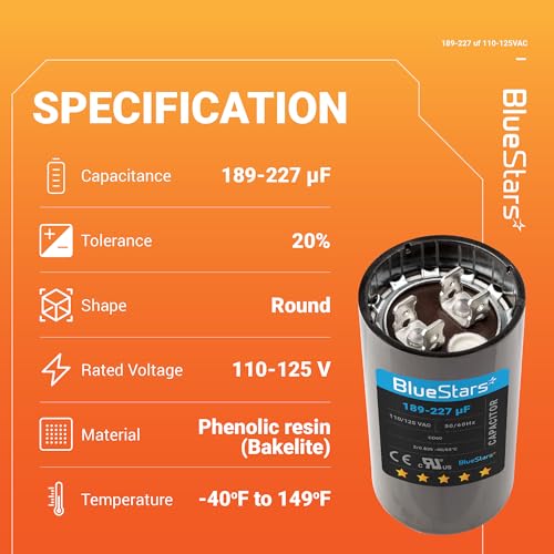 [Upgraded] BlueStars 189-227 MFD uF 125VAC Capacitor - size: 189-227 MFD 110-125 VAC