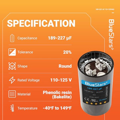 [Upgraded] BlueStars 189-227 MFD uF 125VAC Capacitor - size: 189-227 MFD 110-125 VAC