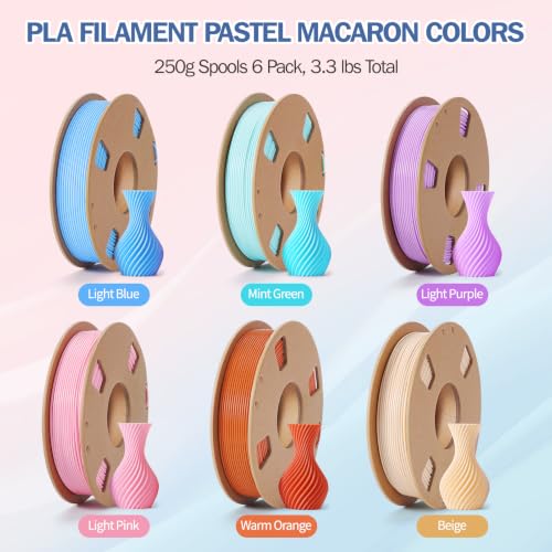 PLA 3D Printer Filament Bundle 1.75mm, 6 Colors Pastel 250g Each