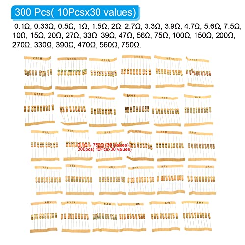 PATIKIL 1Watt 0.1-750 Ohm Resistor 300Pcs 30 Values Resistors 5% Tolerance