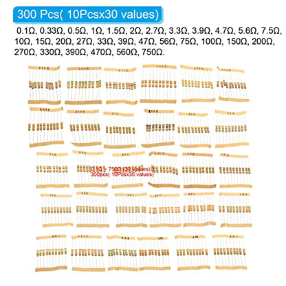 PATIKIL 1Watt 0.1-750 Ohm Resistor 300Pcs 30 Values Resistors 5% Tolerance