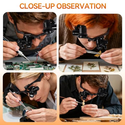 MLOGIROA Head Magnifying Glass with LED Light with 8 Interchangeable Lens - color: 8 Lens Head Mount Magnifier