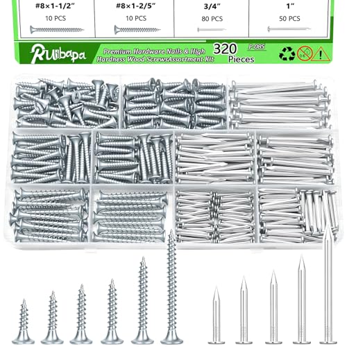 320Pcs Premium Hardware Nails & High Hardness Wood Screws Assortment Kit, 11 Sizes (1/2"-2"),Phillips Drive Flat Head, Wood Screws, Galvanized, Picture Hanging, Wood, Common Nails with Storage Box - size: 320PCS
