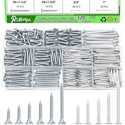 320Pcs Premium Hardware Nails & High Hardness Wood Screws Assortment Kit, 11 Sizes (1/2"-2"),Phillips Drive Flat Head, Wood Screws, Galvanized, Picture Hanging, Wood, Common Nails with Storage Box - size: 320PCS