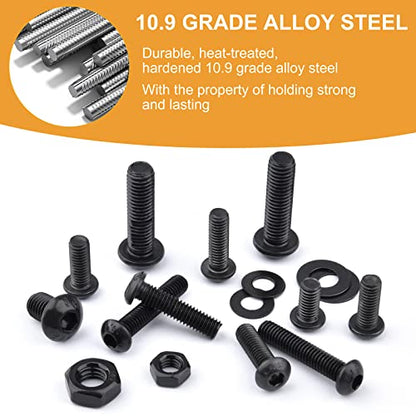 VIGRUE 288PCS M6 M8 Button Head Hex Socket Cap Screws Bolts Nuts Washer Assortment Kit, 10.9 Grade Alloy Steel Black Oxide, Fully Threaded - size: 288PCS M6 M8