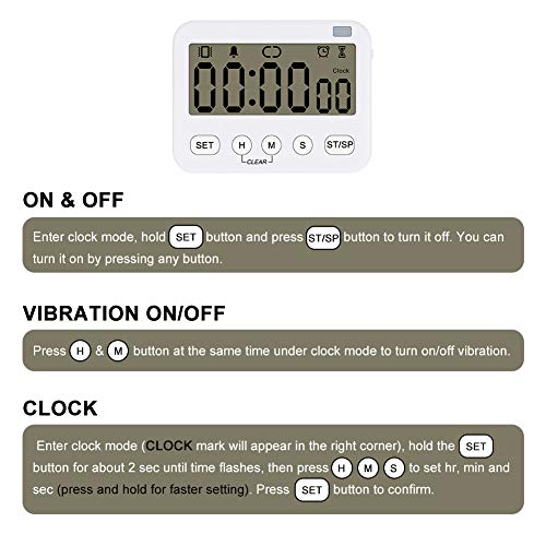Stonylab 2pk Digital Timer Clock, 2 Pack Premium Multi-Function Digital Clock Countdown Timer Kitchen Event Timer with Alarm, Magnetic Back Big Digits Display Vibration/Flashlight/Sound Alarm