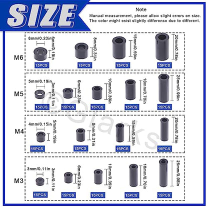 Glarks 270Pcs Nylon Round Spacer Assortment Kit for M3 M4 M5 M6 Screws, Electrical Outlet Screws Spacers, Black ABS Round Washers Hardware Spacer Bracket for Electrical Screws Switch and Receptacle - size: M3 M4 M5 M6 (Black)