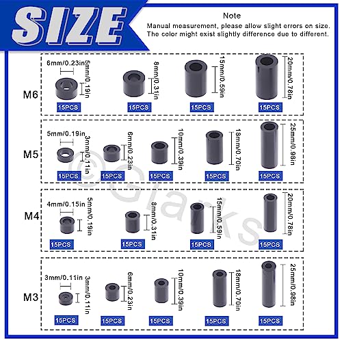 Glarks 270Pcs Nylon Round Spacer Assortment Kit for M3 M4 M5 M6 Screws, Electrical Outlet Screws Spacers, Black ABS Round Washers Hardware Spacer Bracket for Electrical Screws Switch and Receptacle - size: M3 M4 M5 M6 (Black)