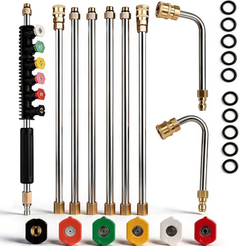 Selkie 120inch Stainless Steel Pressure Washer Extension Wand Power Washer Lance with Spray Nozzle Tips,30°,90°Curved Rod, 1/4’’Quick Connect, Replacement for Anti-Leaked Ring 4000 PSI… - size: 120INCH