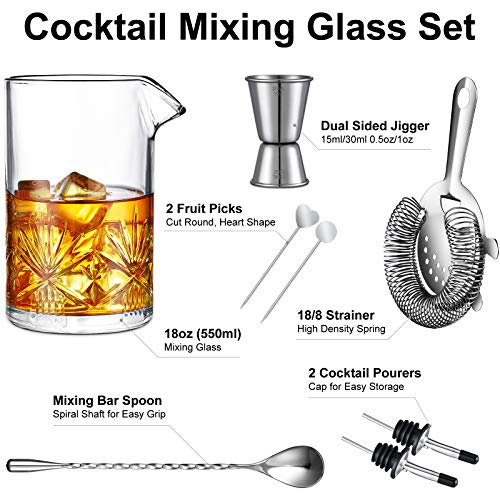 Cocktail Mixing Glass, veecom 18oz Crystal Mixing Glass Bartender Kit, 8 Piece Old Fashioned Cocktail Set with Strainer, Spoon, Jigger, Picks, Pourers, Bar Tools Cocktail Shaker Set (8 Pieces)