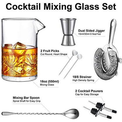 Cocktail Mixing Glass, veecom 18oz Crystal Mixing Glass Bartender Kit, 8 Piece Old Fashioned Cocktail Set with Strainer, Spoon, Jigger, Picks, Pourers, Bar Tools Cocktail Shaker Set (8 Pieces)