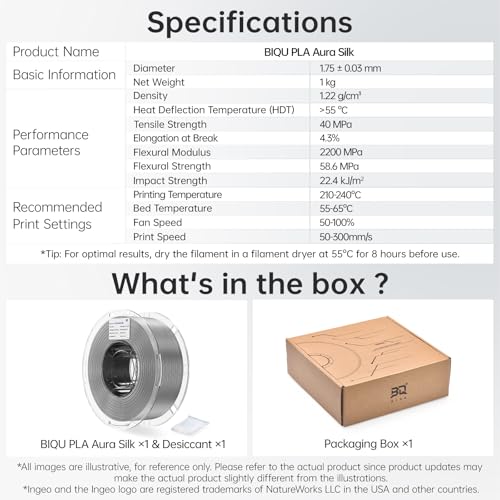 BIQU PLA Aura Silk 3D Printer Filament 1.75mm 1KG(2.2lbs) Spool, Silver PLA - color: Silver