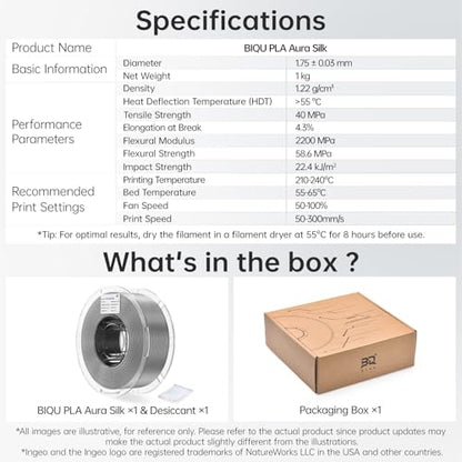 BIQU PLA Aura Silk 3D Printer Filament 1.75mm 1KG(2.2lbs) Spool, Silver PLA - color: Silver
