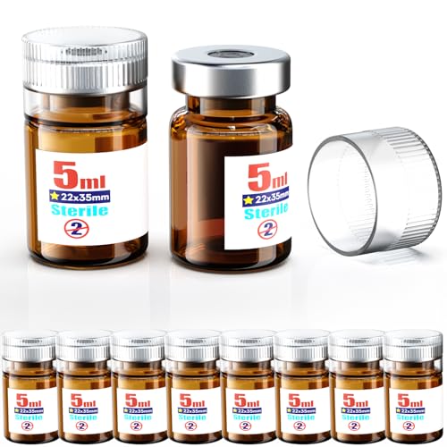 Biomed Solutions Sterile Empty Vial with Reusable Plastic Cap,Ready to Fill Glass Containers, Liquid Injection Bottle Sealed with Self Healing Injection Port (5ml Amber 10pcs) - size: 5ml Amber 10pcs