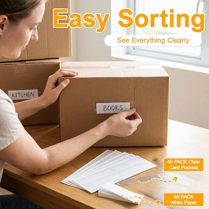 40 PCS Index Card Pockets, Self Adhesive Card Pockets with Top Open, Clear Label Pockets for Storage Bins, Plastic Labels Holders for Organizing, Loading, Drawer,Library Card, Totes, Shelves (1“X4) - size: 1“X4"