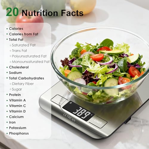 Ultrean Smart Food Kitchen Scale with Nutritional Calculator, App for Macro & Calorie Tracking, AI Scan, Digital Grams and Ounces for Weight Loss, Rechargeable, Stainless Steel, 33lb /15kg - color: Silver