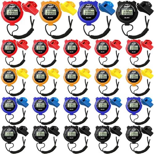 Simgoing 48 Pcs Digital Stopwatch Timer Plastic Whistle Bulk for Sports Coaches Referee Waterproof Watch Timer Whistle with Lanyard Multi Function Electronic Fitness Date Alarm (Multicolor) - color: Multicolor