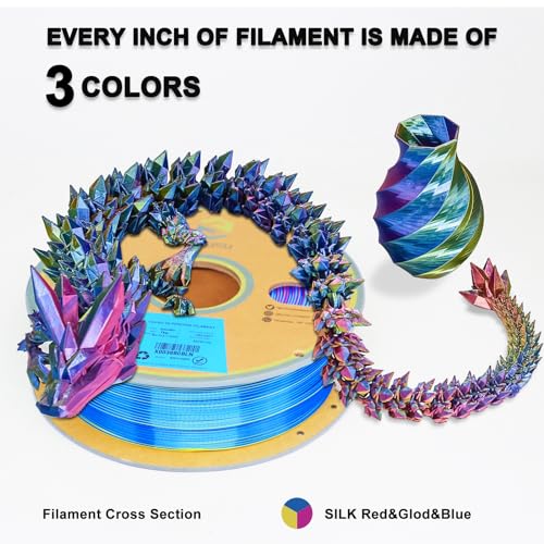 YOUSU PLA Filament Triple Color Coextrusion Silk 3D Printer Filament 1.75mm for 3D Printer & 3D Pen, Multicolor PLA Rainbow Filament, 1kg(2.2lbs) Silk PLA Red Gold Blue. - color: 1-red/Gold/Blue