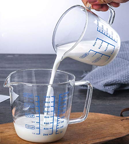 Glass Measuring Cup with Lid, Graduated Beaker Mug with Handle, Borosilicate Glass V-Shaped Spout Microwave Safe Scales Milk Cup for Cooking Baking (1cup/8oz/250ml) - size: 8 fl oz
