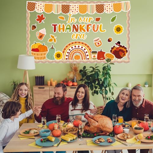 Thanksgiving Turkey Bulletin Board Decorations Pumpkin Maple Leaves Paper Cutouts in Our Thankful Era Bulletin Board Set Fall Party Supplies for Autumn School Chalkboard Wall Window Decoration Favor - style: Fall