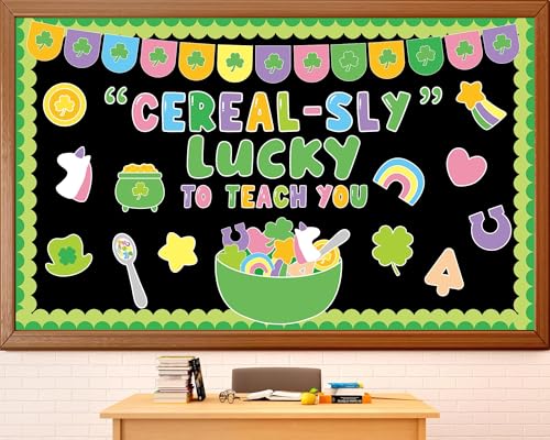 St. Patrick's Day Bulletin Board Set March Classroom Decorations Lucky Shamrock Unicorn Paper Cutouts St. Patrick's Day Green Bulletin Board Borders for School Wall Door Decor - style: Luck to Teach You