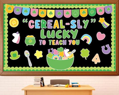 St. Patrick's Day Bulletin Board Set March Classroom Decorations Lucky Shamrock Unicorn Paper Cutouts St. Patrick's Day Green Bulletin Board Borders for School Wall Door Decor - style: Luck to Teach You