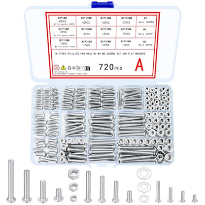 720 Pcs Nuts and Bolts Assortment Kit, M3 M4 M5 Carbon Steel Screws Bolts and Nuts and Washers Assortment Set, Assorted Cross Pan Head Machine Screws Set, with Storage Case