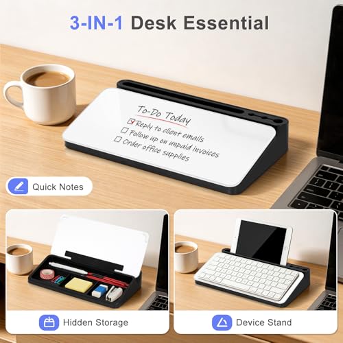 Small Desktop Glass Whiteboard with Storage, Desk Dry Erase White Board - color: Black-white