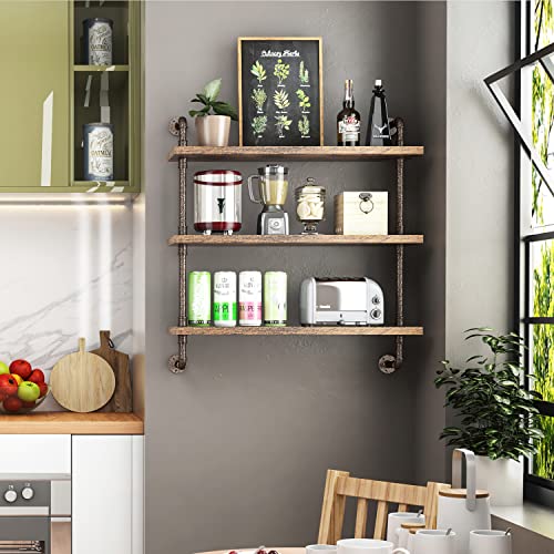 Helsin 3 Tier Industrial Pipe Shelf Rustic Wood Floating Wall Display Bookshelf Storage Rack Sundries Holder for Kitchen Office Bathroom Organization and Home Decor (32 Inch) - color: 1set, size: 32inch