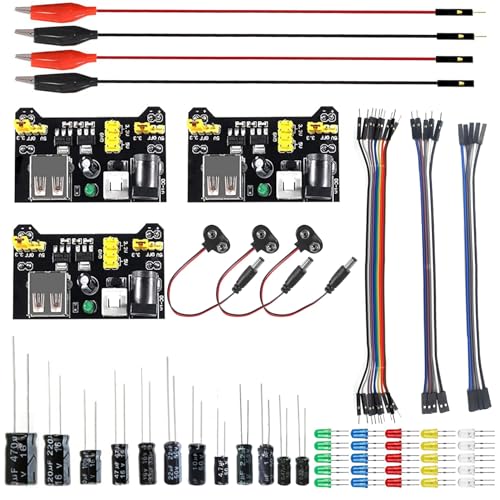 arduino Power Supply 3.3V 5V MB102 Solderless Breadboard Power Supply Module with 9V Battery Clip +4pcs Alligator Clip Test Lead+25pcs 5 Colors LED+12pcs 0.22-470uf capacitors+ Dupont Wire - size: 3pcs Power Supply Module Kit