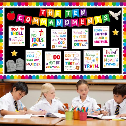 Ten Commandments Bulletin Board Set Christian Bible Verse Classroom Decor White Base Inspirational Religious Scripture Cutouts for Back to School Party Classroom Home Chalkboard Wall Door Decor - style: White Base Ten Commandments