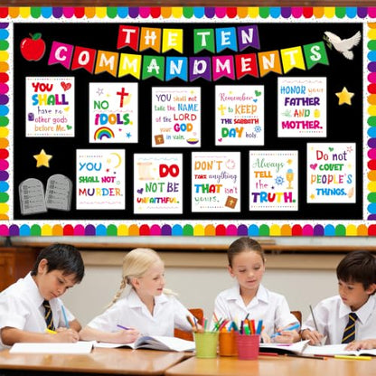 Ten Commandments Bulletin Board Set Christian Bible Verse Classroom Decor White Base Inspirational Religious Scripture Cutouts for Back to School Party Classroom Home Chalkboard Wall Door Decor - style: White Base Ten Commandments