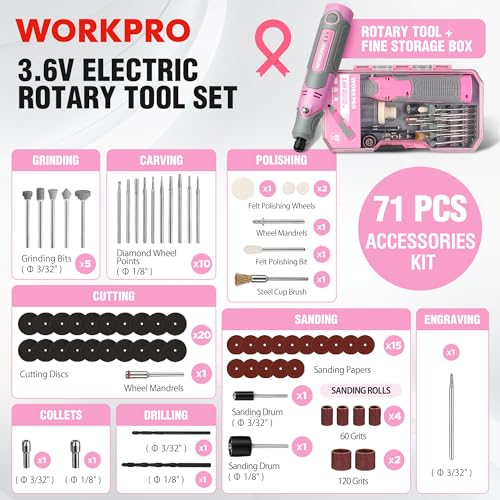 WORKPRO Mini Cordless Rotary Tool, 71PCS Kit for Engraving/Drilling/Carving - color: Pink