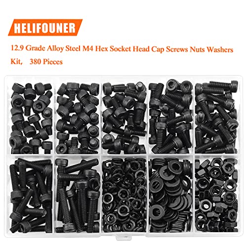 HELIFOUNER 380 Pieces M4 x 5mm /6mm /8mm /10mm /12mm /16mm /20mm, Hex Socket Head Cap Screws Bolts Washers Nuts Kit, 12.9 Grade Alloy Steel, Full Threaded, Black - size: M4, style: Socket Head
