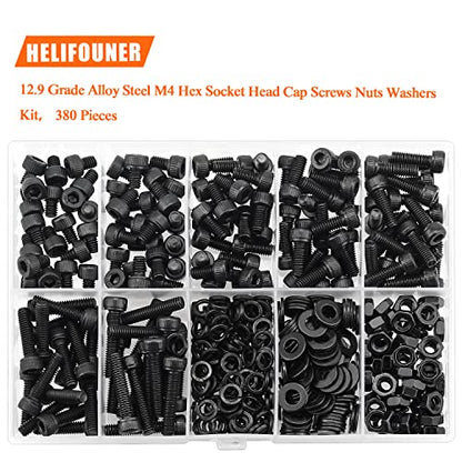 HELIFOUNER 380 Pieces M4 x 5mm /6mm /8mm /10mm /12mm /16mm /20mm, Hex Socket Head Cap Screws Bolts Washers Nuts Kit, 12.9 Grade Alloy Steel, Full Threaded, Black - size: M4, style: Socket Head