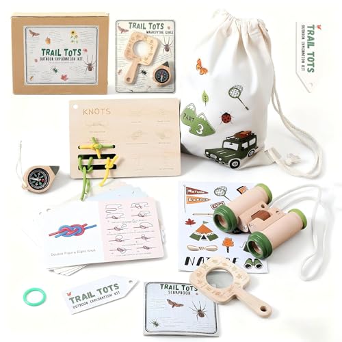 Kids Outdoor Explorer Kit Ages 4–8, Wooden Binoculars, Compass and Knot-Tying Board, Nature STEM Learning & Camping Toy Birthday Gift for Boys and Girls