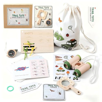 Kids Outdoor Explorer Kit Ages 4–8, Wooden Binoculars, Compass and Knot-Tying Board, Nature STEM Learning & Camping Toy Birthday Gift for Boys and Girls