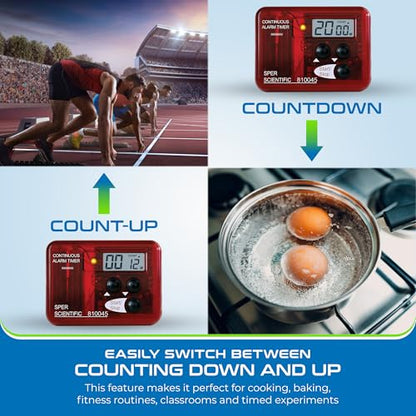 Sper Scientific Continuous Alarm Timer with Count Up Count Down & Visual Indicator 810045 - Bright LED Alarm & 9999-Minute Range - Portable Design for Cooking, Experiments, Fitness & More - size: 1 Pack